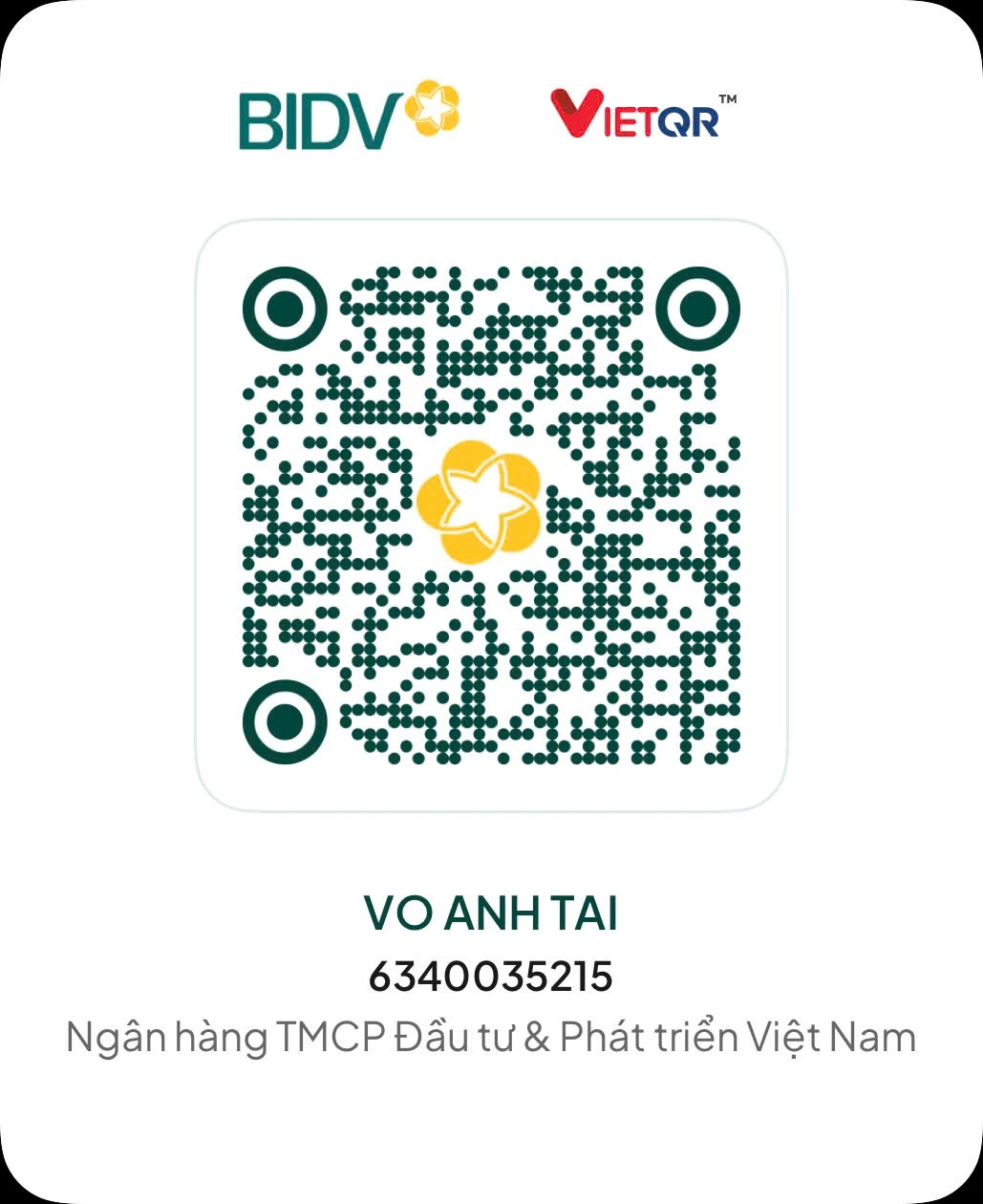Mã VietQR chuyển khoản BIDV, tài khoản 6340035215, chủ tài khoản VO ANH TAI
